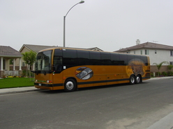 Motor Coach painted gold with a graphic of Leopard next to a house